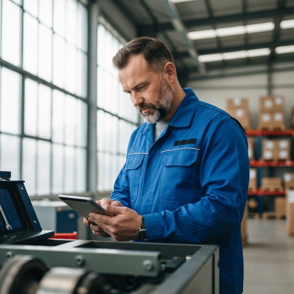 Field service technician using tablet for mobile inspection form