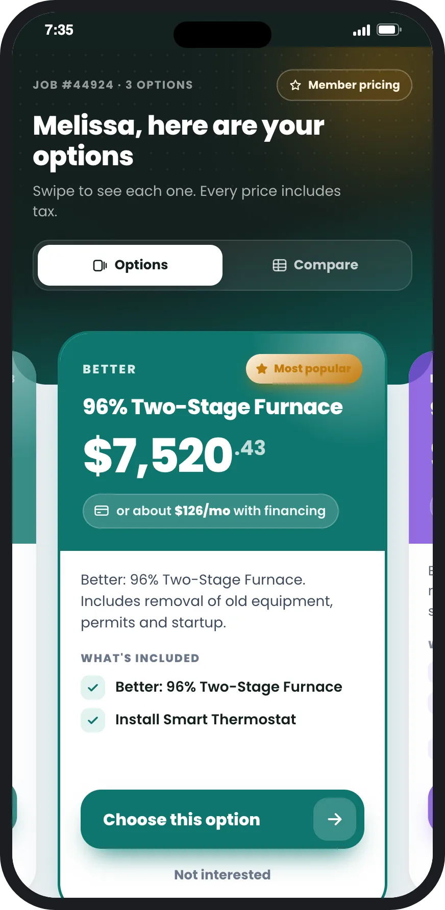 Good, Better, Best options on the technician app.