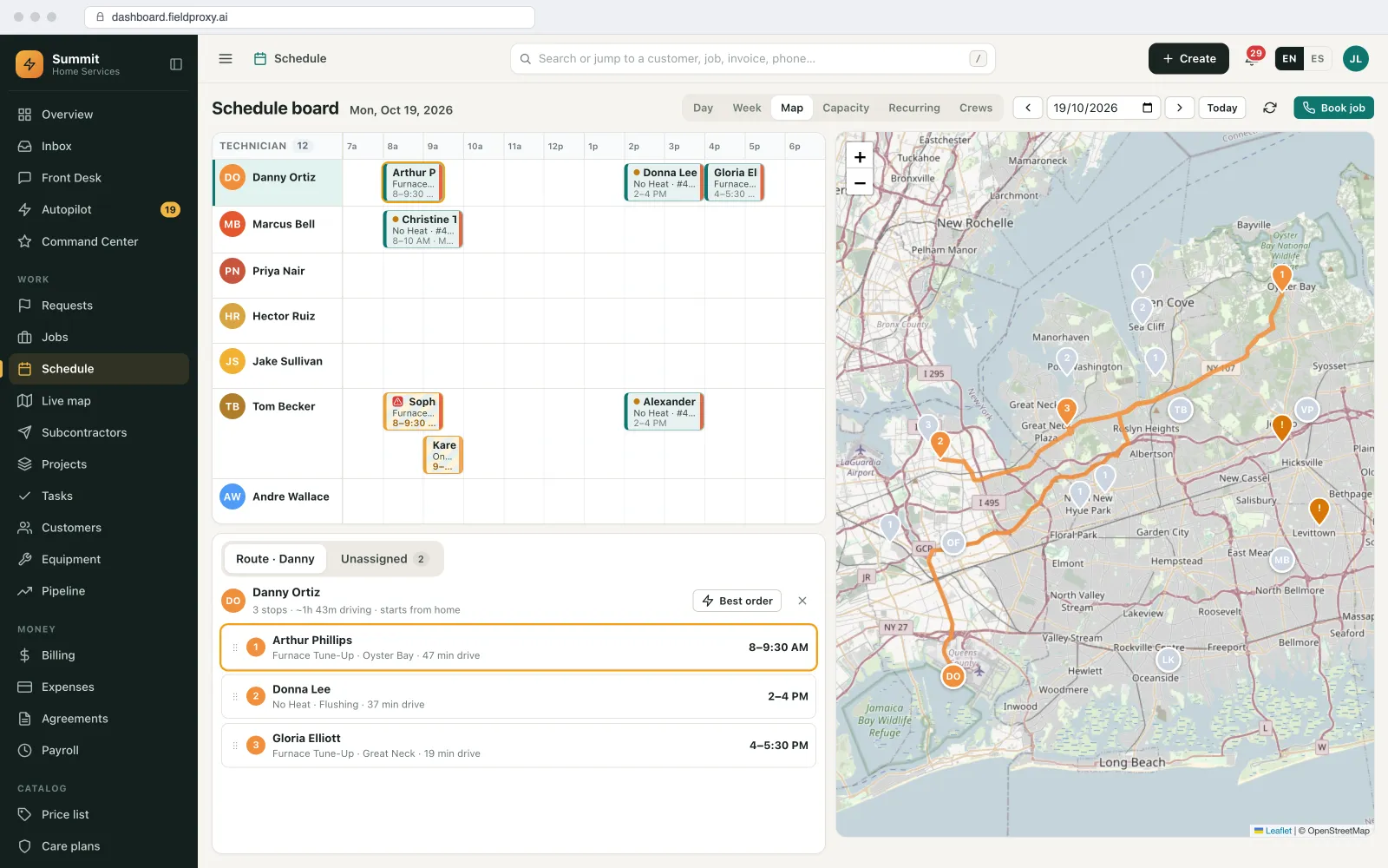 Schedule and map side by side with road routes for each technician.