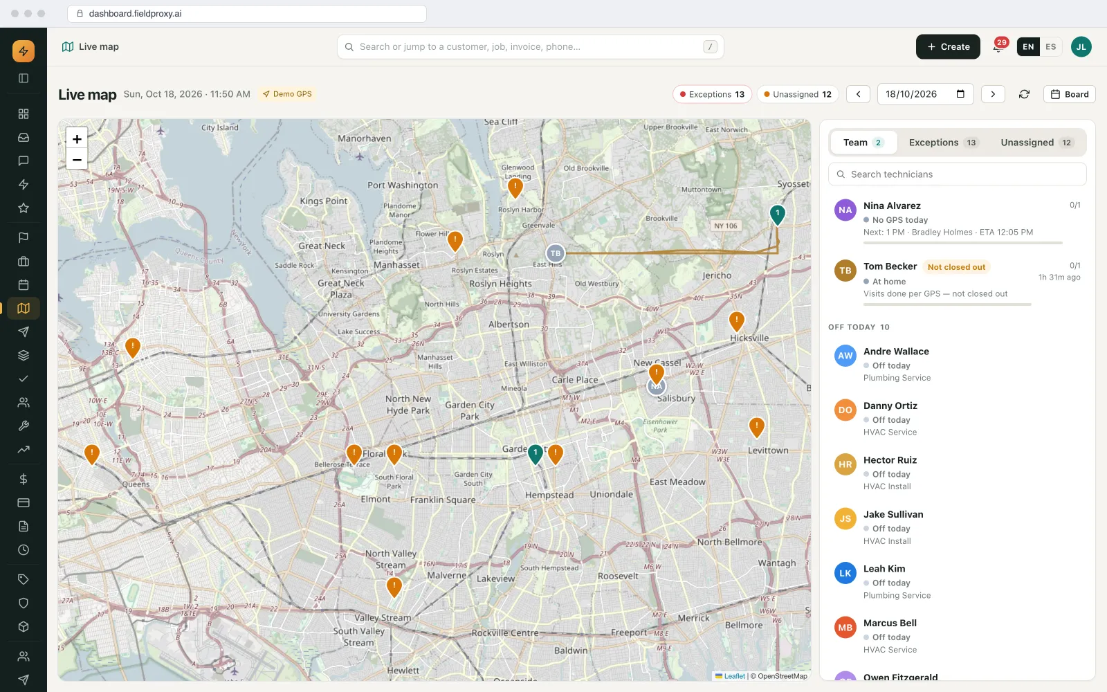 Live map of technicians and today's jobs.