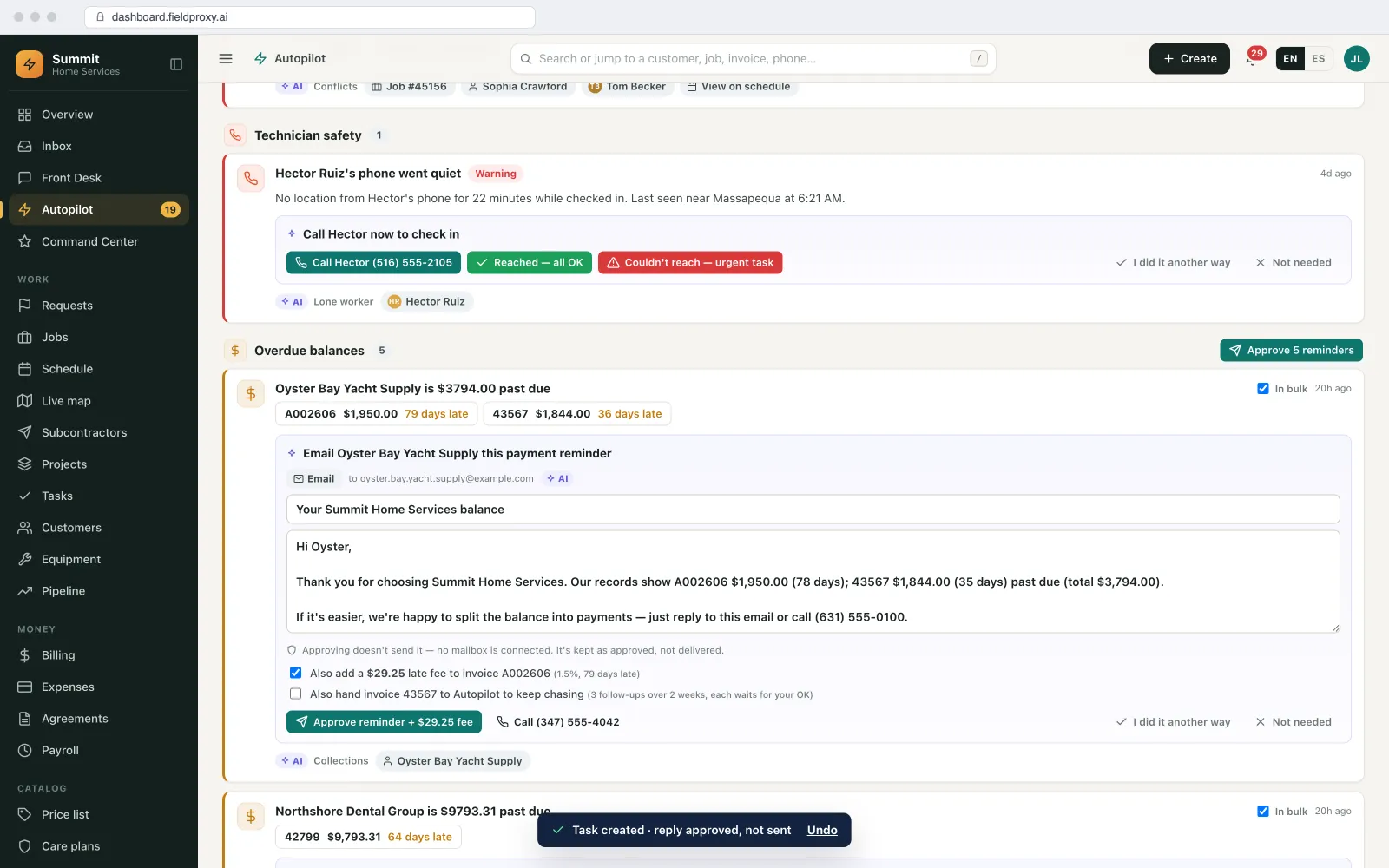Autopilot after a card is done, with the confirmation toast and an Undo link