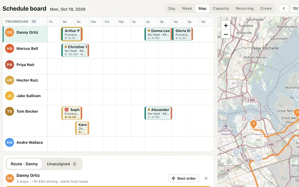 Schedule beside a map with each technician's road route