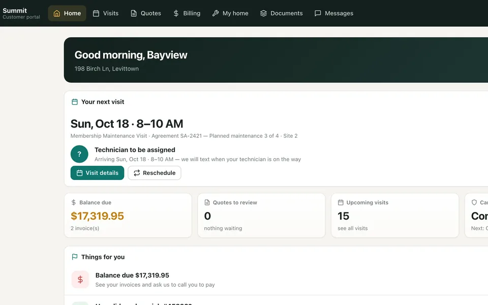 Customer portal home with next visit, balance due, quotes and documents