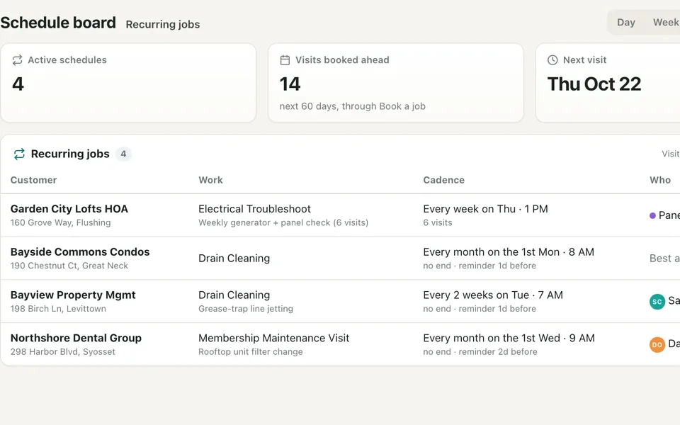 Recurring jobs with cadence, technician, next visit and visits booked ahead