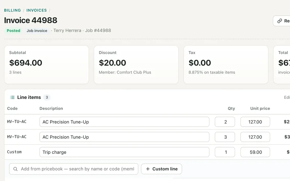 Invoice with line items, a payment taken and the balance due