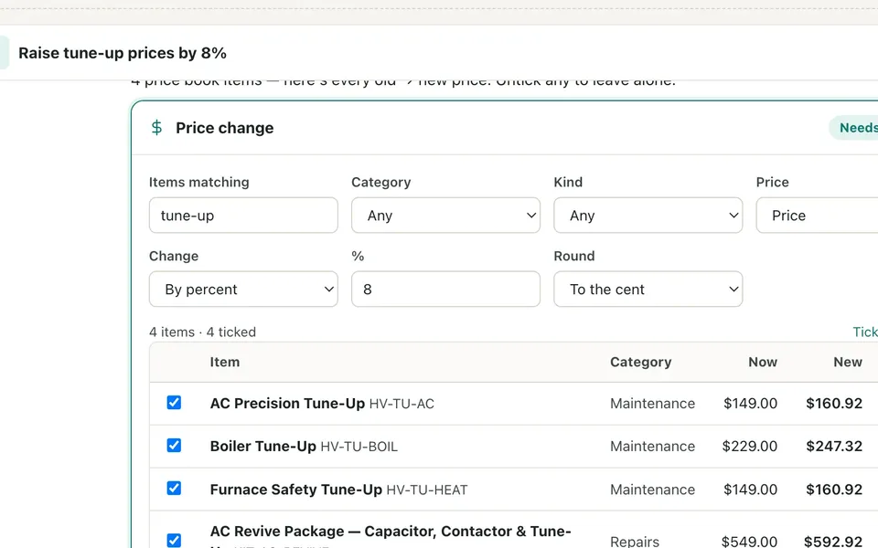 Command Center price change card with every old and new price