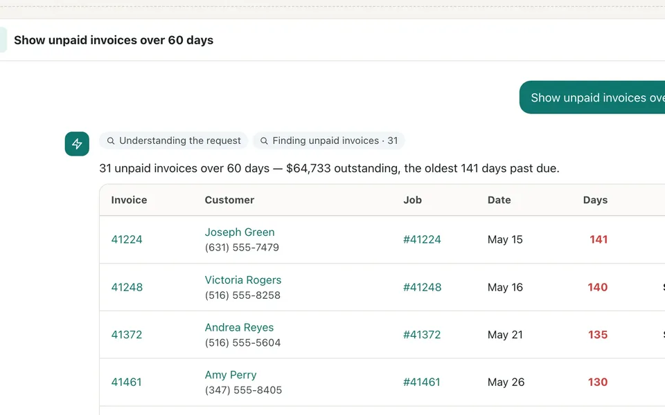 Command Center answer table of unpaid invoices over 60 days