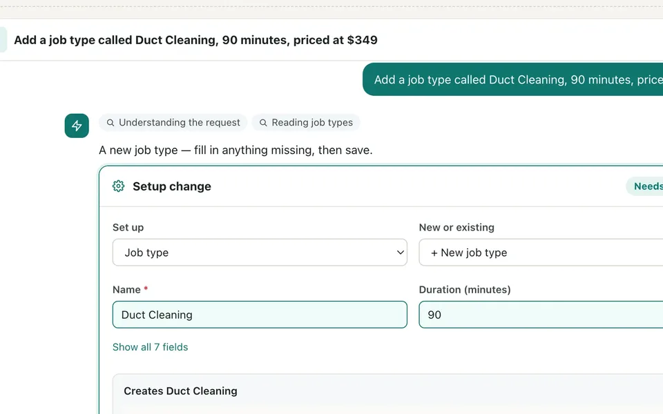 Command Center setup change card adding a new job type, waiting for Save change